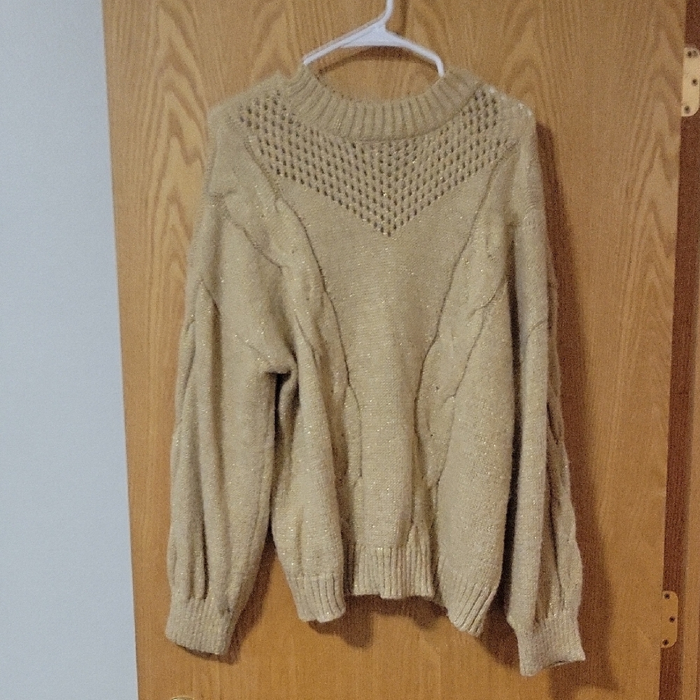 LC Lauren Conrad Tan Crew Neck Sweater with Intricate Knit